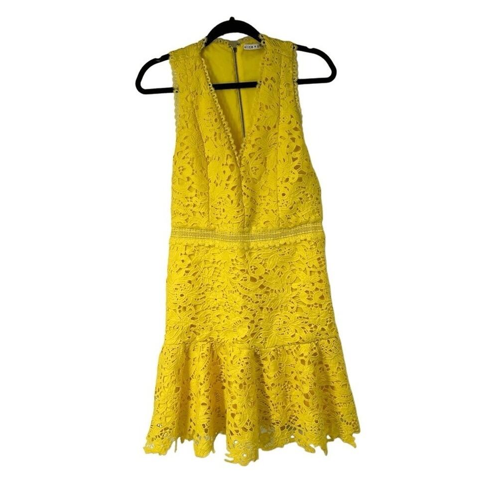 Alice + Olivia Marleen Sun Yellow Lace Pattern V Neck A Line Dress Sz 12 Womens